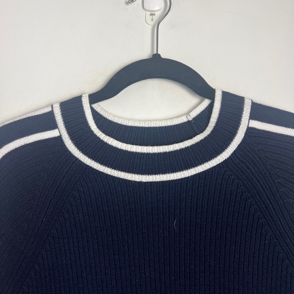 T By Talbots Large Cotton Coolmax Indigo Blue & White Tipped Mockneck Sweater - Picture 3 of 9